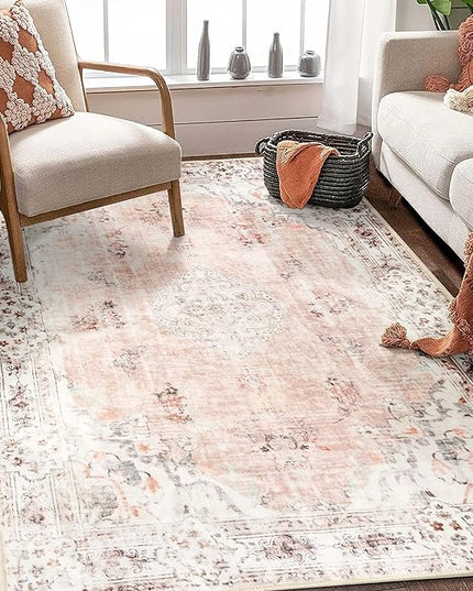 MUJOO Boho Rug 4'x6.5' Area Rugs for Bedroom Living Room Dining Room Pink Small Rugs Machine Washable Non Slip Carpet for Office Dorm Bedside Kitchen Laundry Room Floral
