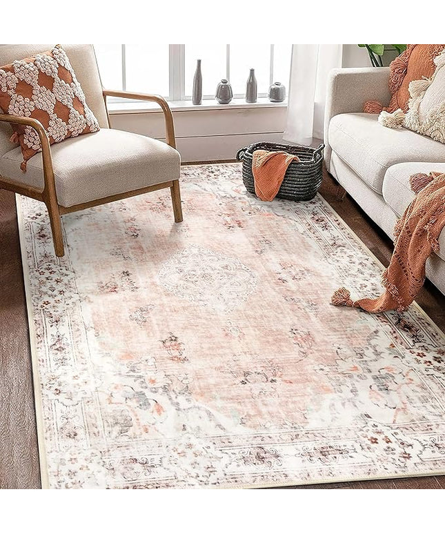MUJOO Boho Rug 4'x6.5' Area Rugs for Bedroom Living Room Dining Room Pink Small Rugs Machine Washable Non Slip Carpet for Office Dorm Bedside Kitchen Laundry Room Floral
