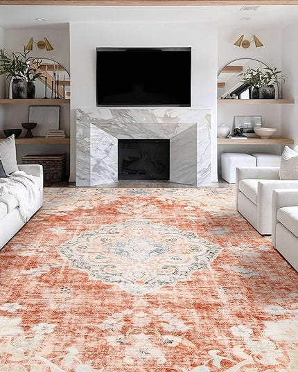MUJOO 9’x12’ Area Rug Large Rugs for Living Room Orange Rug for Bedroom Dining Room Boho Rug Washable Rug Non Slip Big Carpet Abstract Soft Low-Pile Floral Flowers