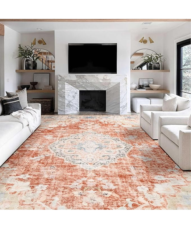 MUJOO 9’x12’ Area Rug Large Rugs for Living Room Orange Rug for Bedroom Dining Room Boho Rug Washable Rug Non Slip Big Carpet Abstract Soft Low-Pile Floral Flowers