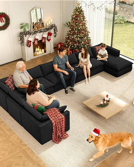 Vesgantti 204.7" Oversized Sectional Boneless Couch, Modern 9 Seater Modular Sofa with Chaise, Deep Seat Convertible Plush Corduroy Cloud Couches for Living Room, No Assembly Required, Black