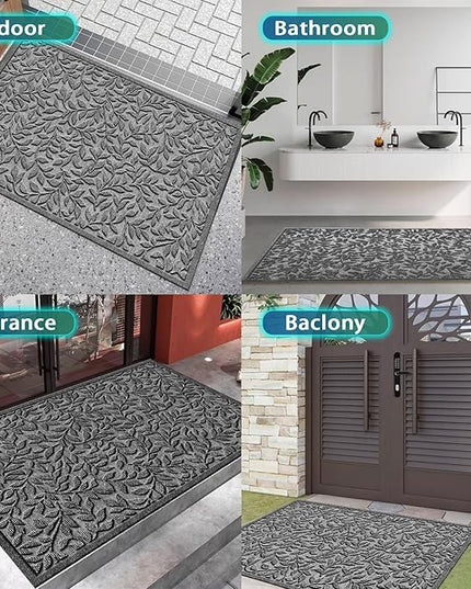 Bulijojo Sturdy Front Entrance Doormats,Durable Heavy Duty Welcome Mat,Thick Absorbent Natural Rubber Non Slip Mat,Easy Clean Entryway Mat Leaves Grey, 47" x 32"