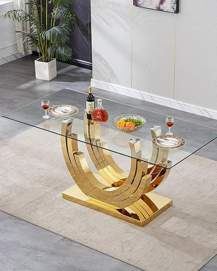 70" Large Glass Dining Table,Modern Rectangular Dining Room Table with 0.39" Tempered Glass Top & Gold Finish Stainless Steel Legs, Modern Clear Kitchen Table for Home Office