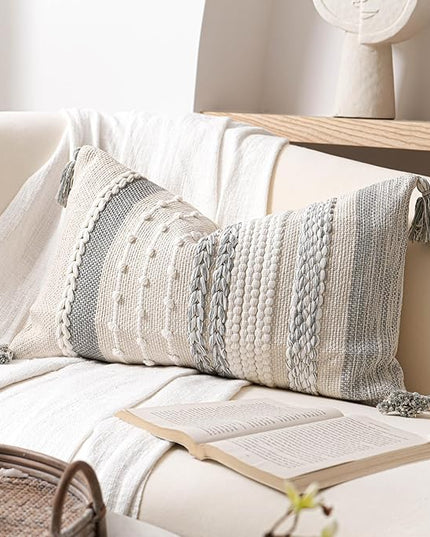 BlissBlush Gray Decorative Lumbar Pillow Cover 14x24, Grey Boho Long Body Pillow for Bed, Farmhouse Lumbar Throw Pillow for Couch, Modern Accent Textured Throw Pillowcase