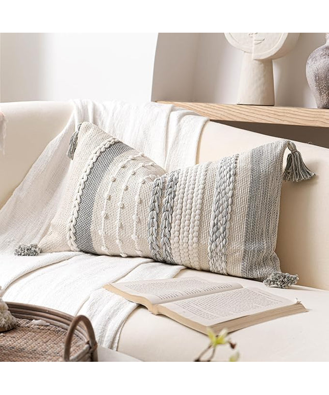 BlissBlush Gray Decorative Lumbar Pillow Cover 14x24, Grey Boho Long Body Pillow for Bed, Farmhouse Lumbar Throw Pillow for Couch, Modern Accent Textured Throw Pillowcase