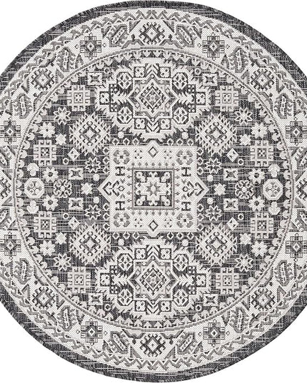 Rugs.com Outdoor Aztec Collection Rug – 4 Ft Round Charcoal Gray Flatweave Rug Perfect for Kitchens, Dining Rooms