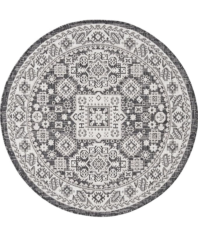 Rugs.com Outdoor Aztec Collection Rug – 4 Ft Round Charcoal Gray Flatweave Rug Perfect for Kitchens, Dining Rooms