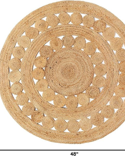 Hand Woven Jute Area Rug - 4' Round - Rustic Beige Reversible Farmhouse Rugs for Bedroom, Kitchen, Living Room - Vintage Natural Braided Entry Floor Décor Circle Boho Round Rugs 4 feet