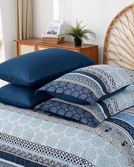 Boho Comforter Set Full Size,8 Pieces Navy Blue Bohemian Striped Bed in a Bag,Paisley Soft Microfiber Bedding Comforter Set