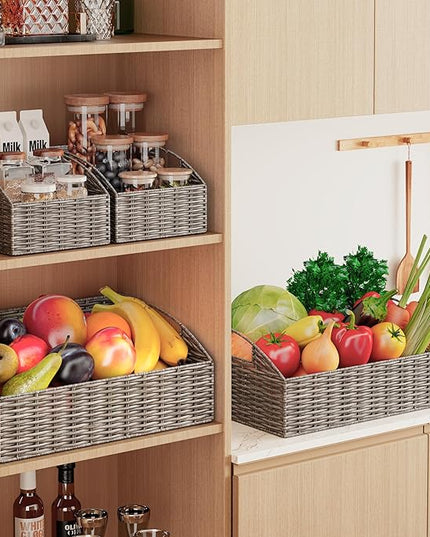 Ollieroo Rattan Storage Baskets, Handwoven Wicker Storage Bins with Built-in Handles, Storage Container Baskets for Shelves, Bedroom, Bathroom, Laundry Room or Kitchen(Grey)