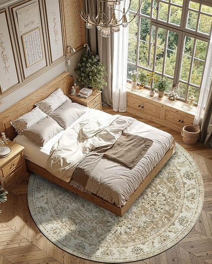 jinchan Fiora Round Rug 7ft Area Rug - Taupe Vintage Floor Mat Indoor Ultra-Thin Soft Floral Print - Washable Circle 7' Retro Accent for Farmhouse Non Slip Dining Room Living Room Bedroom Office