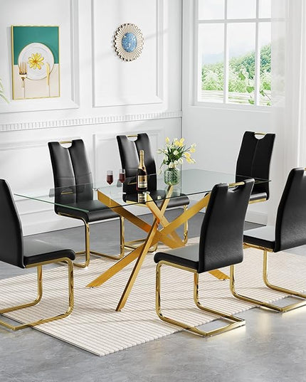 HomVent 7 Piece Rectangular Glass Dining Table Set, Rectangular Glass Kitchen Table Set for 6 with 6 PU Upholstered Dining Chairs for Kitchen Dining Room