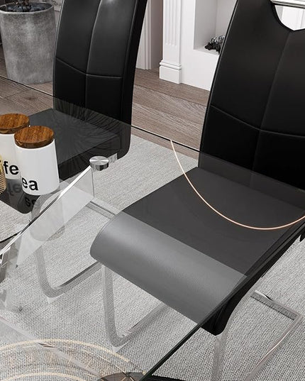 5 Piece Dining Table Table Set, Modern Tempered Glass Dining Table Set for 4 Kitchen Table Set with 4 Upholstered Chairs for Kitchen Dining Room (Sliver Table with Black Hoop Leg Chairs)