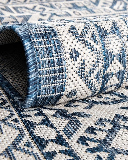 Rugs.com Outdoor Aztec Collection Rug – 8 Ft Round Blue Flatweave Rug Perfect for Kitchens, Dining Rooms
