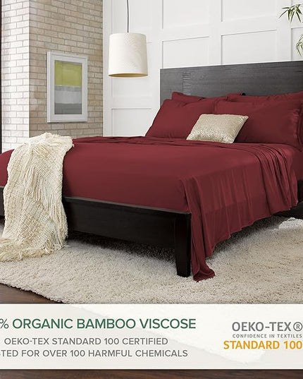 Pure Bamboo Split King Sheets, Genuine 100% Organic Viscose Derived from Bamboo Bed Sheet Set, Soft & Cooling, Double Stitching, 2 Fitted Sheets (Split King, Merlot)