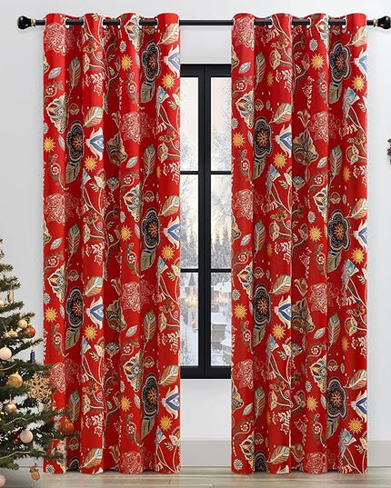 XiDi Christmas Red Floral Curtains 84 Inches Long 2 Panels 100% Blackout Vintage Leaf Patterned Curtains for Living Room Bedroom Thermal Insulated Room Darkening Luxury Colorful Drapes Grommet 52x84