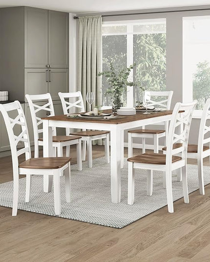 Lexicon Dining Table Set for 6 with Chairs, Wood 7 Piece Farmhouse Dining Room Table and Chairs Set of 6, Cross Back, Easy Assembly Seater for Indoor Home, Dinner, Kitchen, Cherry/White
