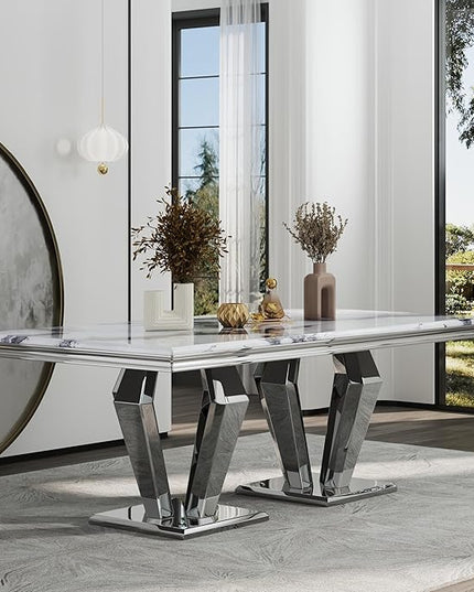 78" Dining Table, Glam Dining Room Table with Metal Mirrored Pedestal, Silver and Grey Kitchen Table for 4-8