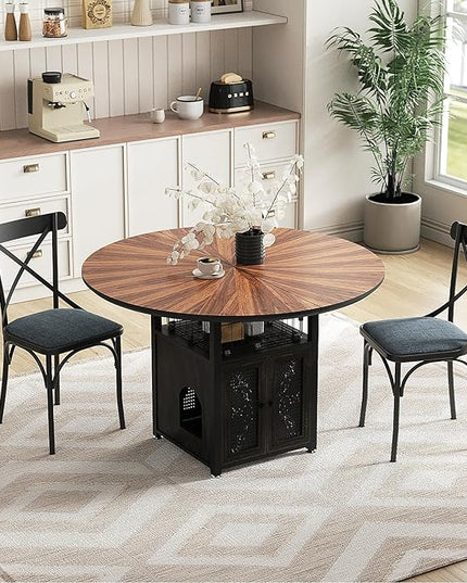 47" Round Dining Table Set for 4-6 People, Large Farmhouse Kitchen Dining Table Set with Chairs and Storage Rack, Metal Base Round Table for Home Dining Room Living Room (Cat table and 2 black chairs)