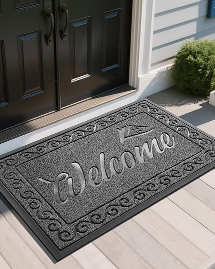Yimobra Welcome Mat, Heavy Duty Sturdy Door Mats for Home Entrance Outdoor Indoor, Front Doormat for Outside Patio Floor Entry Porch Garage Office, Waterproof, Low Profile, 47X32 Inches, Black Grey