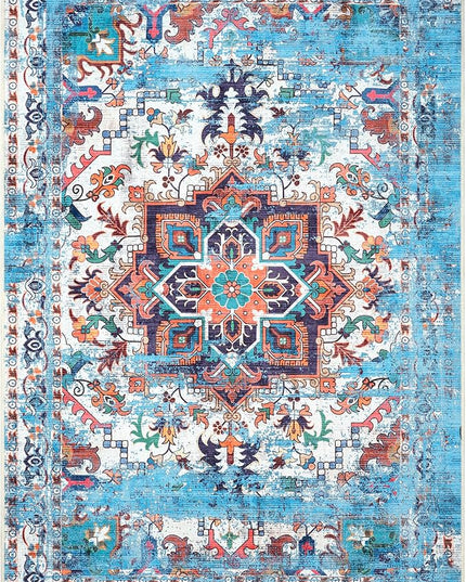 GLN Rugs Traditional Collection - Machine Washable Area Rug, Traditional Washable, Non Slip, Low Pile Chenille Rug, Living Room, Bedroom, Kitchen Rug (9'5"x12' Blue)