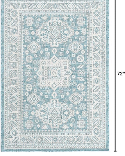 Rugs.com Outdoor Aztec Collection Rug – 4' x 6' Aqua Flatweave Rug Perfect for Living Rooms, Large Dining Rooms, Open Floorplans