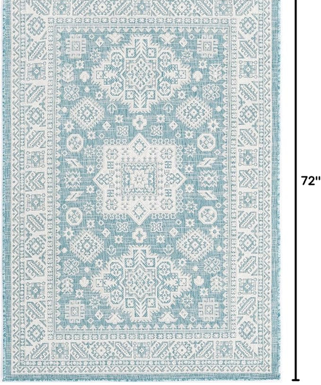 Rugs.com Outdoor Aztec Collection Rug – 4' x 6' Aqua Flatweave Rug Perfect for Living Rooms, Large Dining Rooms, Open Floorplans