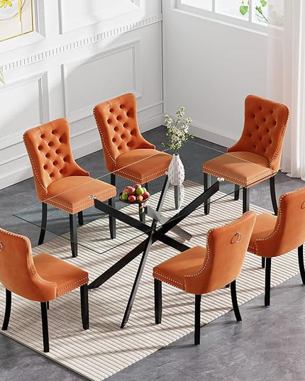 HomVent 7 Piece Rectangular Glass Dining Table Set, Tempered Glass Dinner Table Set for 6 Kitchen Table Set with 6 Velvet Upholstered Chairs for Kitchen Dining Room