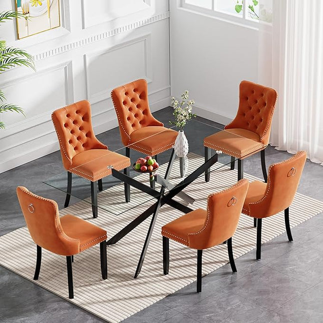 HomVent 7 Piece Rectangular Glass Dining Table Set, Tempered Glass Dinner Table Set for 6 Kitchen Table Set with 6 Velvet Upholstered Chairs for Kitchen Dining Room