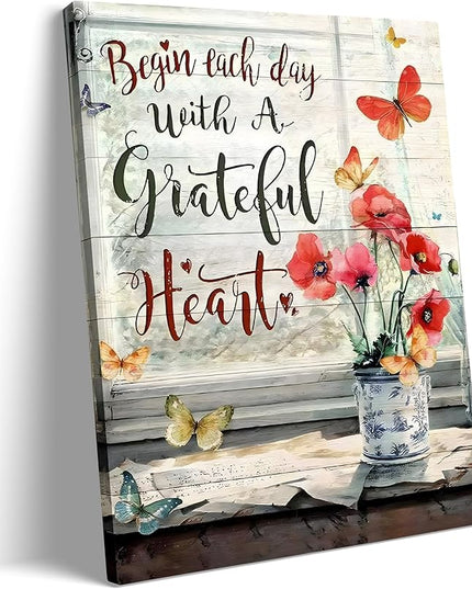 Red Flower Canvas Wall Art Retro Farmhouse Butterfly Poppy Painting Picture Wall Decor Modern Blossom Begin Each Day With a Grateful Heart Poster Print Artwork for Bathroom Bedroom Home Decoration