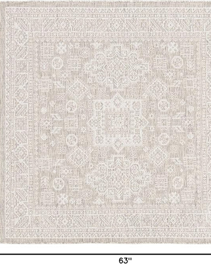Rugs.com Outdoor Aztec Collection Rug – 5 Ft Square Light Gray Flatweave Rug Perfect for Living Rooms, Kitchens, Entryways