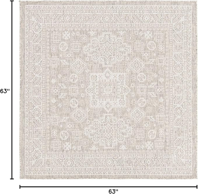 Rugs.com Outdoor Aztec Collection Rug – 5 Ft Square Light Gray Flatweave Rug Perfect for Living Rooms, Kitchens, Entryways