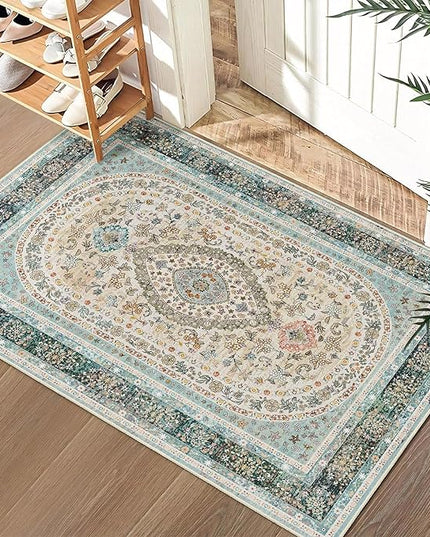 Small Rugs 2x3,Blue Rug for Entryway Bathroom Bedroom Kitchen Entrance Doormat,Boho Vintage Bohemian Distressed Washable Oriental Accent Floor Throw Carpet Non Slip, Floral