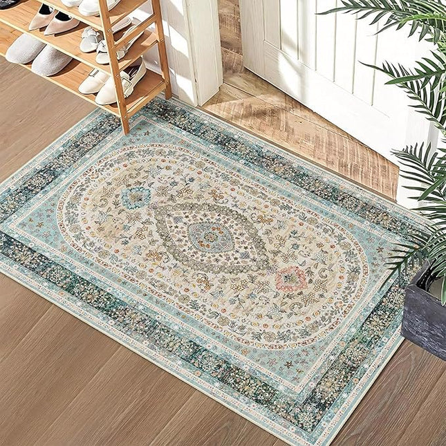Small Rugs 2x3,Blue Rug for Entryway Bathroom Bedroom Kitchen Entrance Doormat,Boho Vintage Bohemian Distressed Washable Oriental Accent Floor Throw Carpet Non Slip, Floral