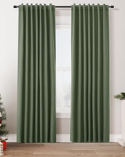 Guken Olive Green Blackout Curtains 84 Inch Length 2 Panels Set for Living Room Bedroom Back Tab Thermal Insulated 100% Black Out Linen Drapes Room Darkening Window Curtains 84 Inches Long