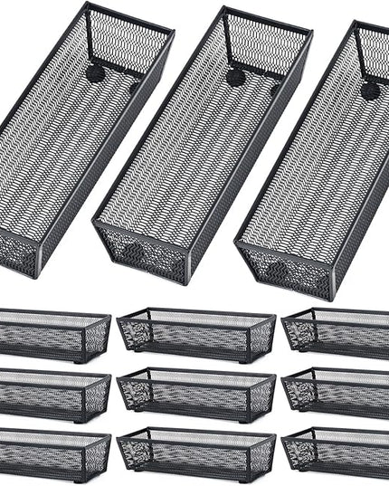 Neudeco Silverware Organizer,Mesh Drawer Organizer for Kitchen，Metal Utensil Organizer for Flatware, Knives, Spoons,Cosmetic (Black 9 * 3 * 2 inch Pack12)