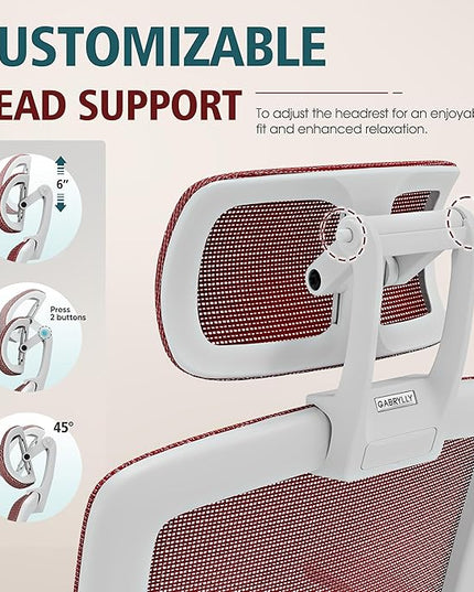 GABRYLLY Ergonomic Office Chair, High Back Home Desk Chair with Headrest, Flip-Up Arms, 90-120° Tilt Lock and Wide Cushion, 400LBS Mesh Chairs for Man Woman, White Task Chair(Red,GY01WR)