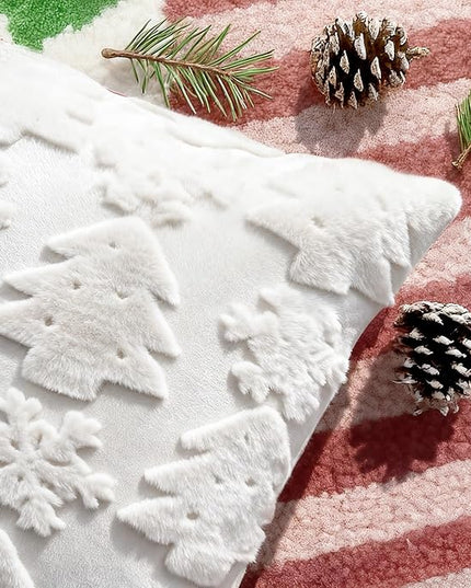Touchat Christmas Pillow Covers 18x18, Soft Faux Rabbit Fur Throw Pillow Covers with 3D Embroidery Christmas Tree and Snowflake Design for Winter Holiday Home Decor, Couch Sofa Bedroom, White