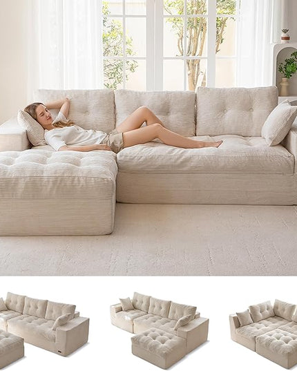 MAXYOYO 104" L Shaped Modular Sectional Sofa with Ottoman, Cloud Boneless Couch with Layered Cushion, Upholstered Sofa in a Box, Flexible Module Combination for Living Room, No Assembly, Beige