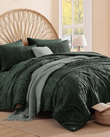 King Size Comforter Set Dark Green, Tufted Boho Bedding Farmhouse Bed Set, All Season 7 Pieces Bed in a Bag with Sheets, Pillowcases & Shams