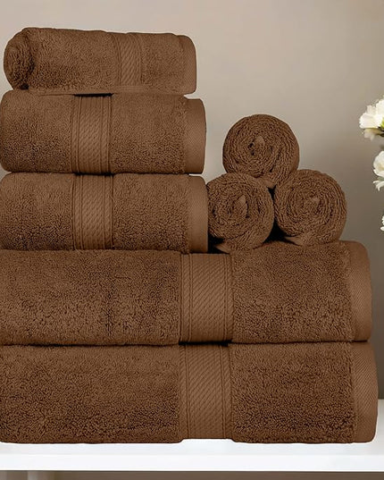 Superior Egyptian Cotton Pile 8 Piece Towel Set, Includes 2 Bath, 2 Hand, 4 Face Towels/Washcloths, Ultra Soft Luxury Towels, Thick Plush Essentials, Guest Bath, Spa, Hotel Bathroom, Chocolate