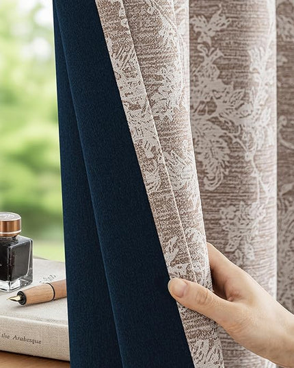 FMFUNCTEX Rust Brown Floral Jacquard Blackout Curtains 63 Inch Length for Bedroom, Scroll Flower Chenille Farmhouse Curtains for Living Room Darkening Thermal Insulated Grommet Window Drapes 2 Panels