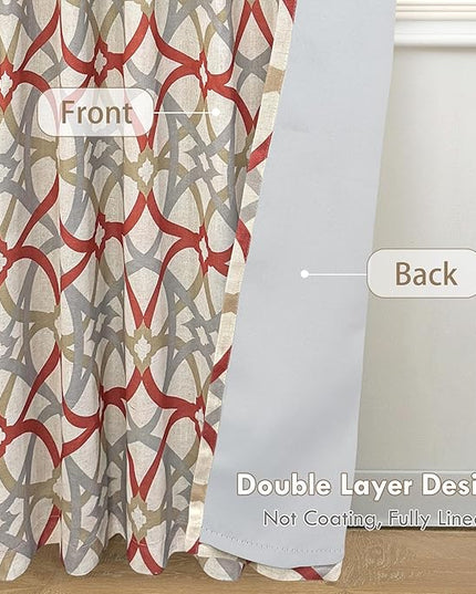 DriftAway Alexander 100% Blackout Curtains for Living Room Linen Blend Pattern Match Thermal Insulated Room Darkening Geo Moroccan Mid Century Back Tab Bedroom Drapes 2 Panels 52 x 84 Inch Linen Red