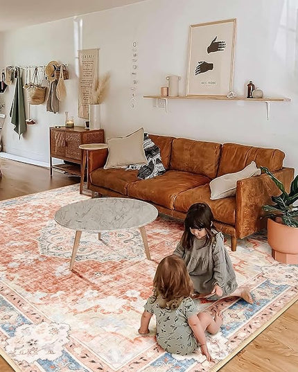 MUJOO 6'x9' Area Rugs for Living Room Washable Rugs Large Boho Carpet for Bedroom Dining Room Neutral Vintage Farmhouse Abstract Non Slip Soft Low-Pile Floral Flowers Orange
