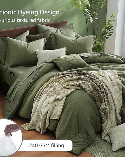Monbix Queen Comforter Set - 7 Pieces Cationic Dyeing Olive Green Bed in a Bag Queen Bedding Sets with Comforter, Sheets, Pillowcases & Shams, Reversible Bedding Comforters Sets