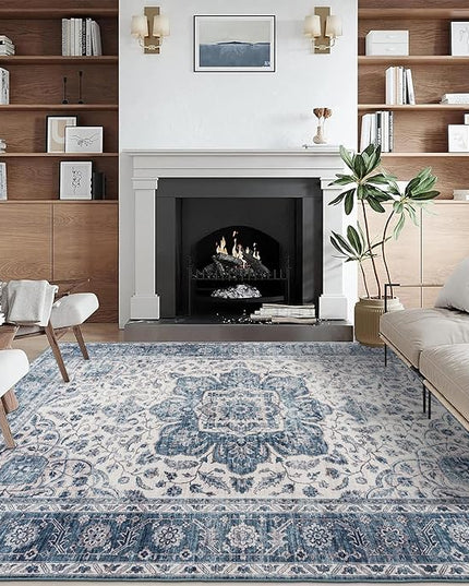 ReaLife Rugs Machine Washable Area Rug - Living Room Bedroom Bathroom Kitchen Entryway Office - Padded Low Pile Stain Resistant Premium - Boho Farmhouse Vintage - Joy - Blue Ivory 7'6" x 9'6"