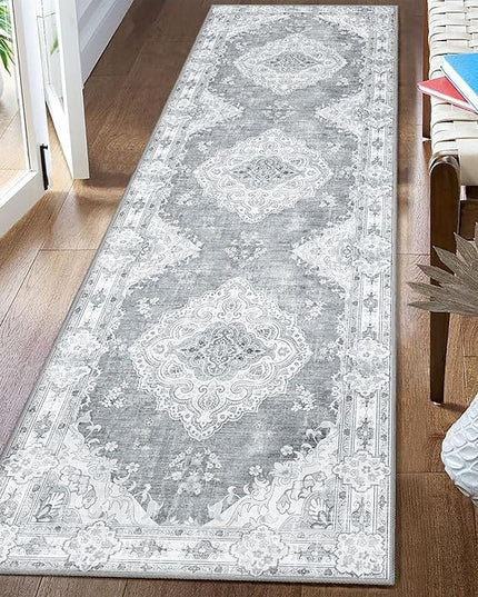 MUJOO Hallway Runner Rug 2'x8' Grey,Long Boho Rug Runners Washable Non Slip Carpet for Entryway Kitchen Bathroom Bedside,Vintage Bohemian Distressed Farmhouse Non Slip Carpet,Floral