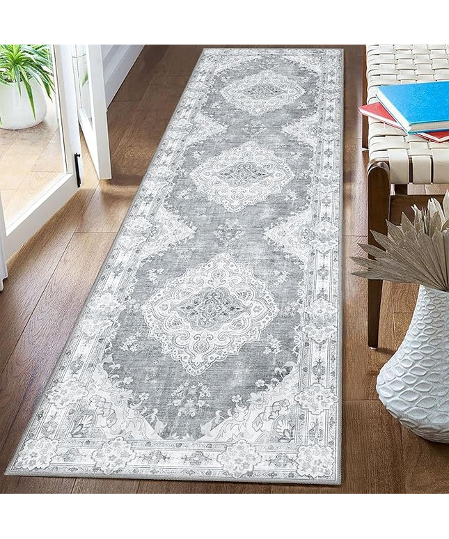 MUJOO Hallway Runner Rug 2'x8' Grey,Long Boho Rug Runners Washable Non Slip Carpet for Entryway Kitchen Bathroom Bedside,Vintage Bohemian Distressed Farmhouse Non Slip Carpet,Floral