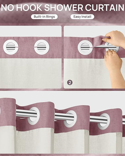 Blush Pink No Hooks Linen Shower Curtain with Snap in Liner Set Rustic Farmhouse Shower Curtains for Bathroom Cream Burlap Cloth Double Bath Curtains with See Through Top Window 72x75
