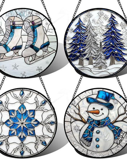 Stained Glass Window Hanging 4 Pcs Set White Winter Christmas Snow Scene 9.8" - Suncatcher Door Garden Sun Catcher Decor Birthday for Mom Woman Nana Men Friend Wife